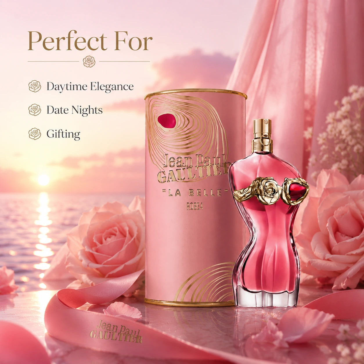 Jean Paul Gaultier La Belle Rosea EDP 100ml perfect for image showing daytime elegance date nights and gifting at Gadgets Online NZ