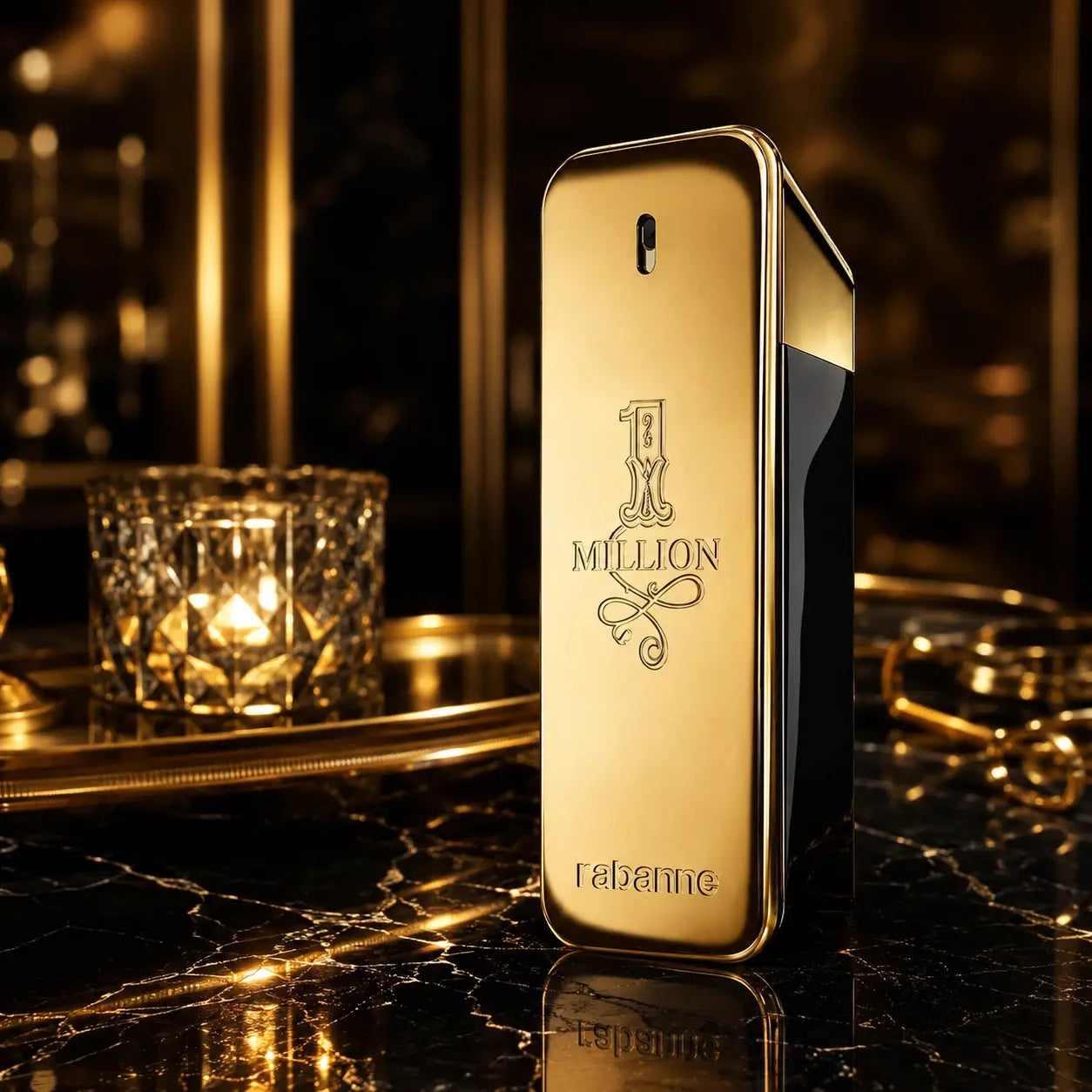 Gold perfume bottle with '1 Million' branding on a dark marble surface.