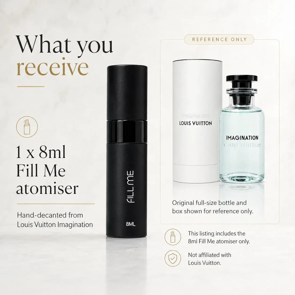 Louis Vuitton Imagination 8ml Fill Me atomiser image explaining that the listing includes one 8ml hand-decanted travel atomiser and the full-size bottle and box are shown for reference only.
