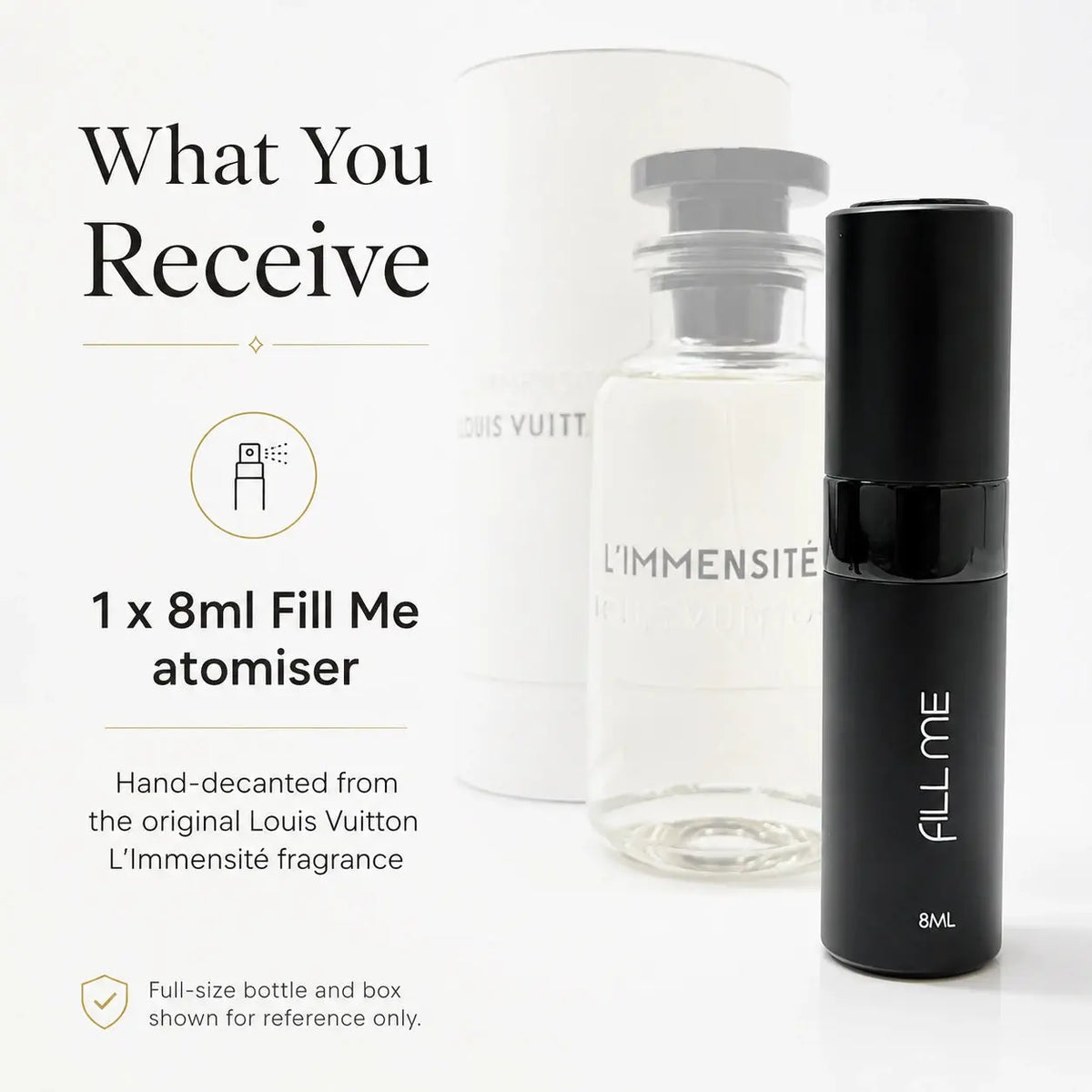 Louis Vuitton L'Immensité 8ml decant what-you-receive image explaining that the order includes one 8ml Fill Me atomiser hand-decanted from the original fragrance.