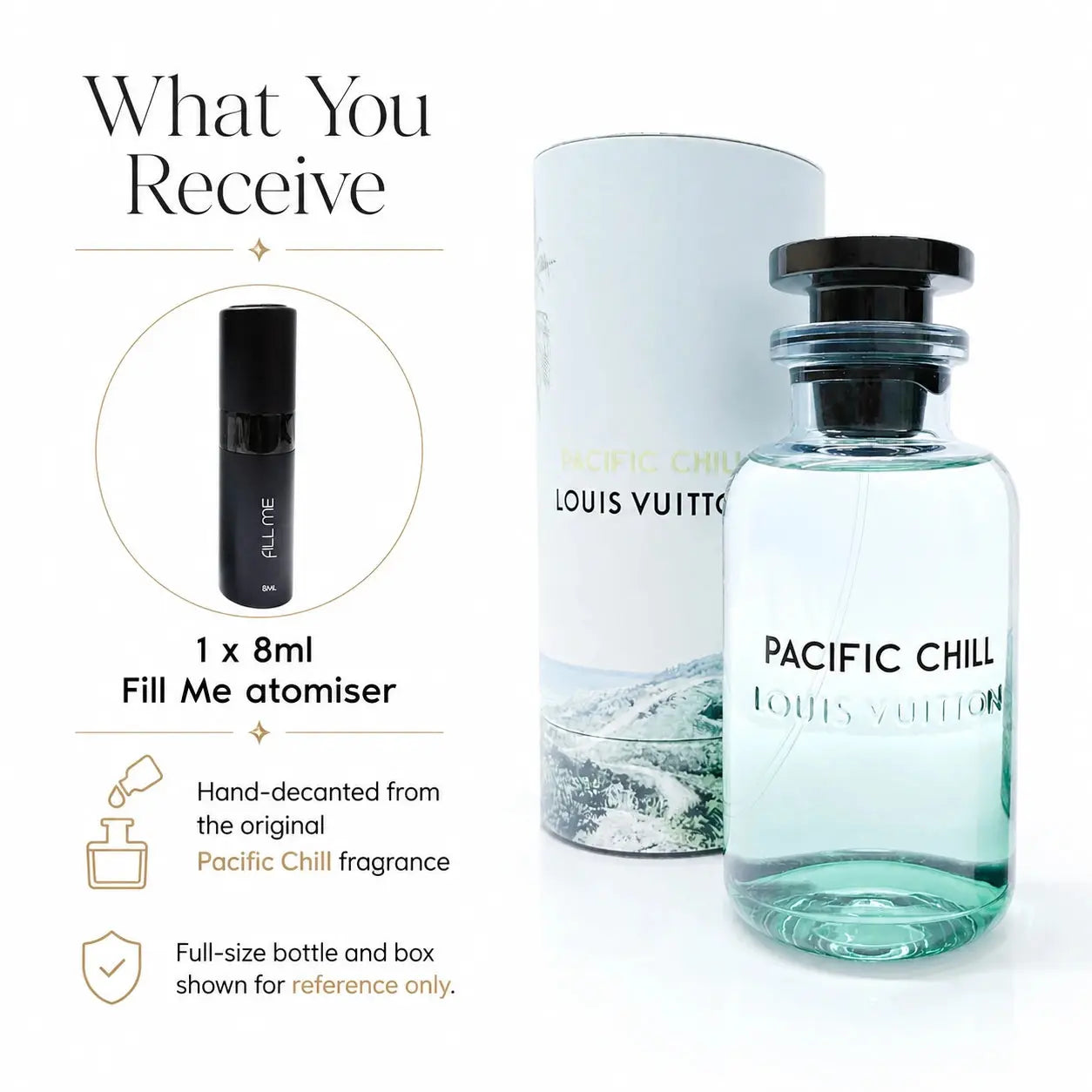 Louis Vuitton Pacific Chill 8ml decant what you receive image showing 1 x 8ml Fill Me atomiser and explaining full-size bottle and box are shown for reference only