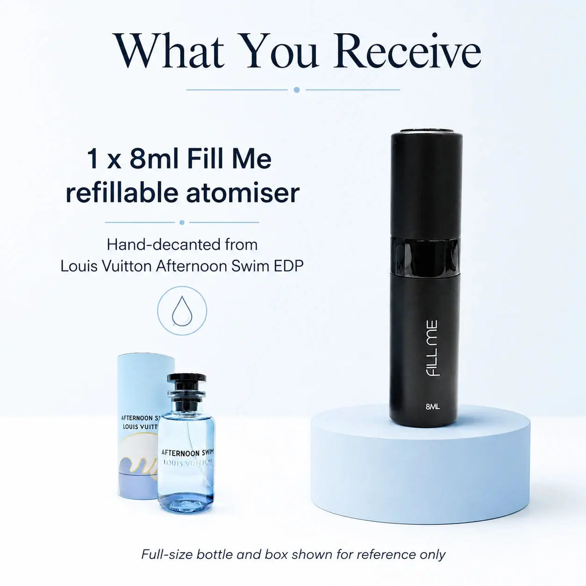 Louis Vuitton Afternoon Swim what you receive image explaining that the order includes one 8ml Fill Me refillable atomiser hand-decanted from the original fragrance, while the full-size bottle and box are shown for reference only.