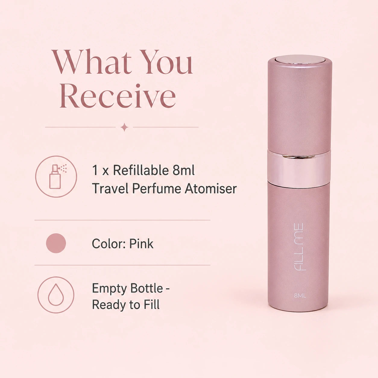 Fill Me refillable 8ml travel perfume atomiser bottle pink what you receive image showing one pink 8ml empty atomiser ready to fill.