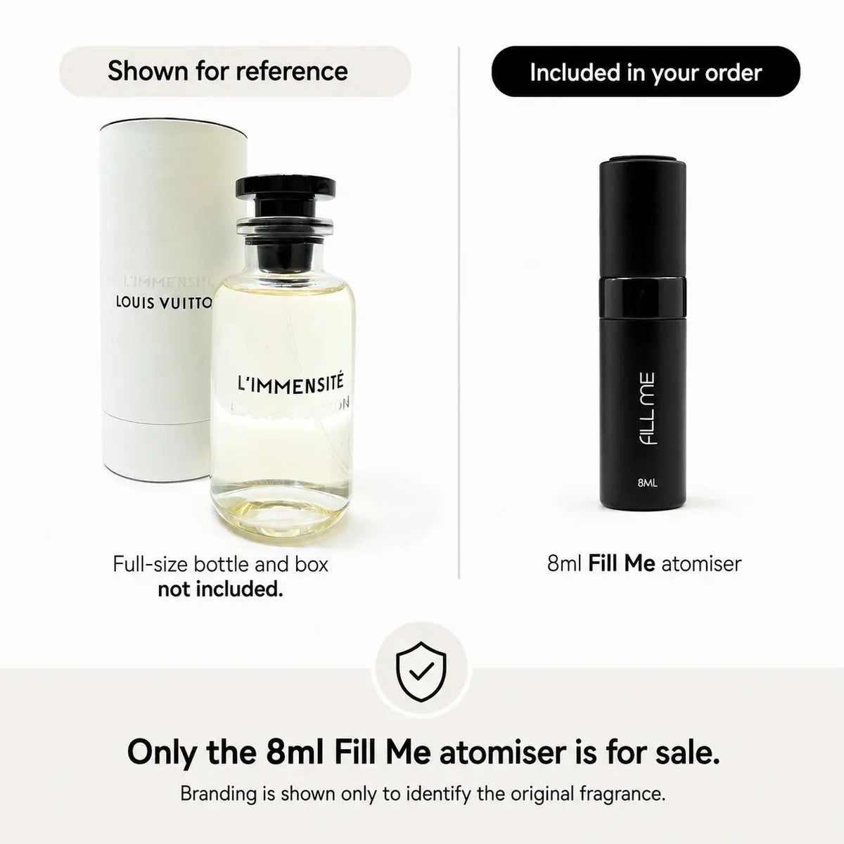 Louis Vuitton L'Immensité 8ml decant comparison image showing full-size bottle and box for reference only and the included 8ml Fill Me atomiser for sale.