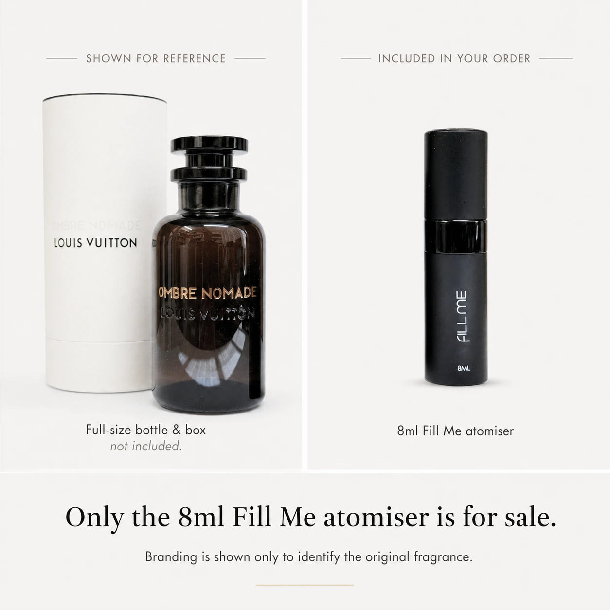 Louis Vuitton Ombre Nomade decant comparison image showing the full-size bottle and box for reference and the included 8ml Fill Me atomiser for sale.