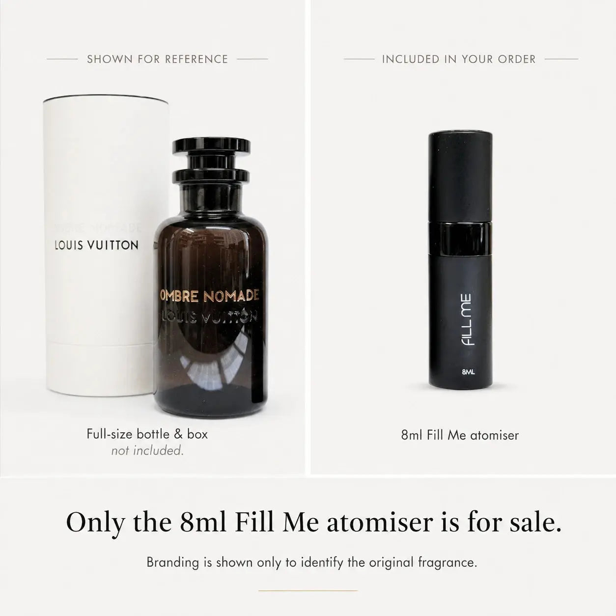 Louis Vuitton Ombre Nomade decant comparison image showing the full-size bottle and box for reference and the included 8ml Fill Me atomiser for sale.