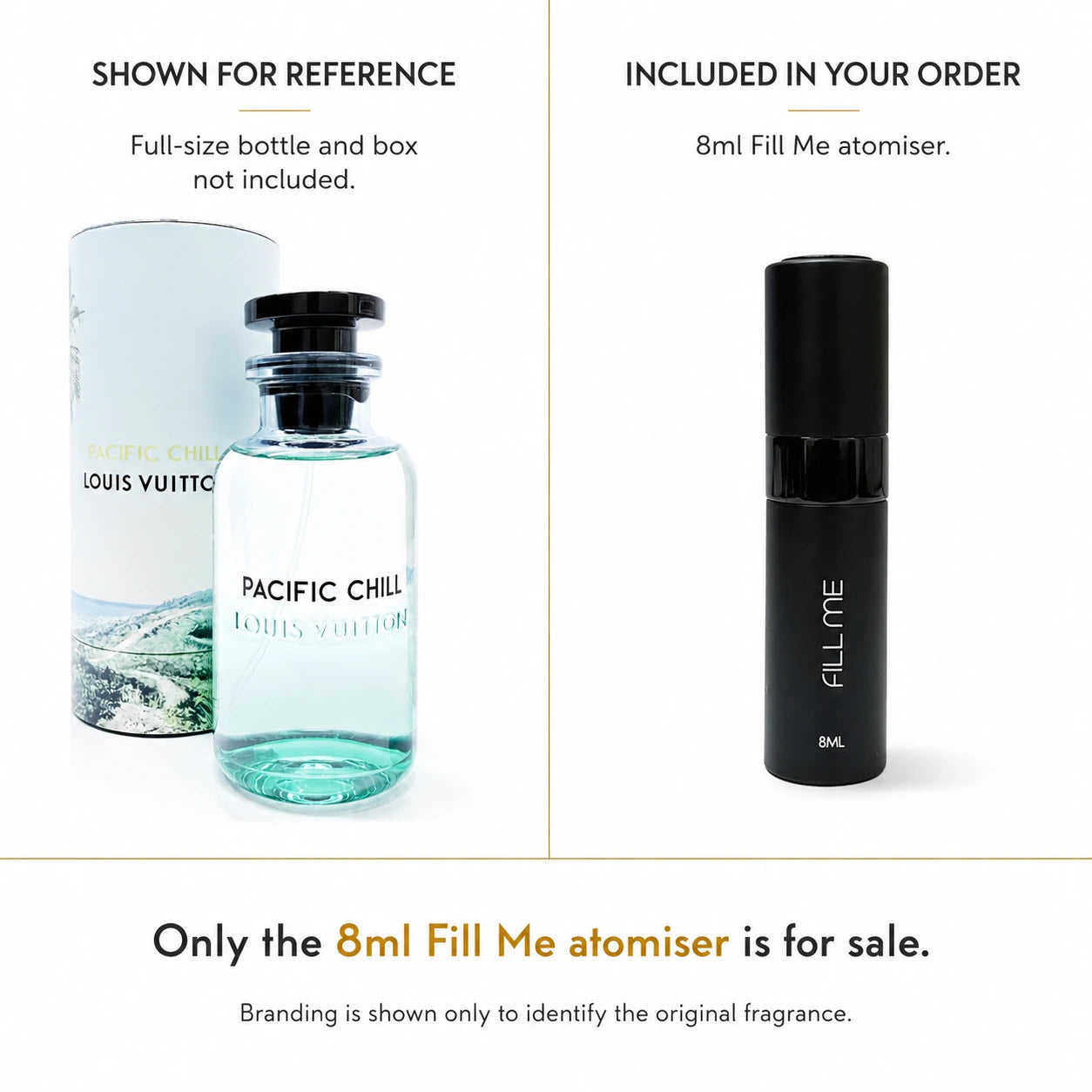 Louis Vuitton Pacific Chill decant comparison image showing full-size bottle and box for reference and the included 8ml Fill Me atomiser only