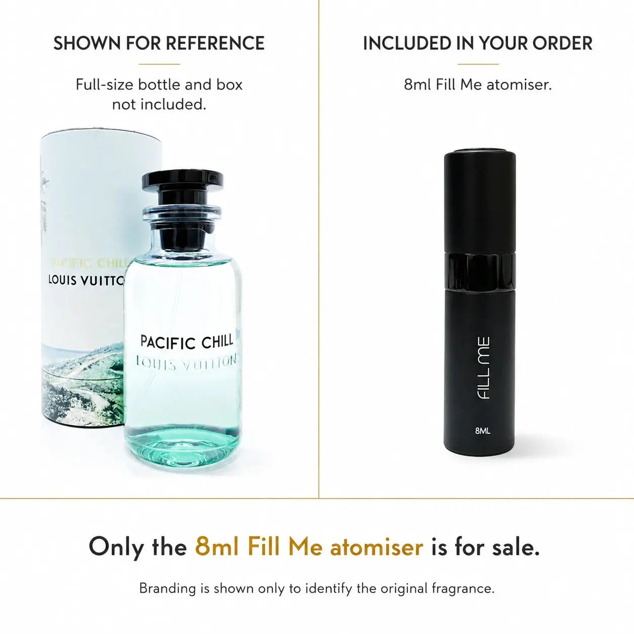 Louis Vuitton Pacific Chill decant comparison image showing full-size bottle and box for reference and the included 8ml Fill Me atomiser only