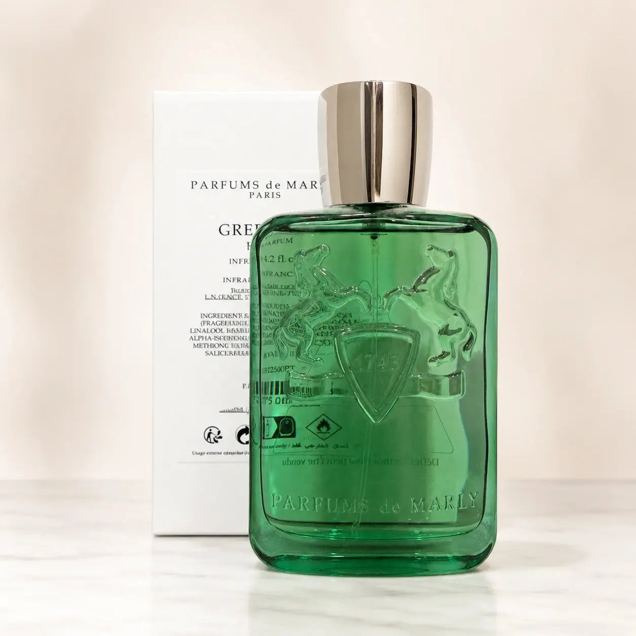 Parfums de Marly Greenley EDP 125ml tester bottle with silver cap and plain tester box