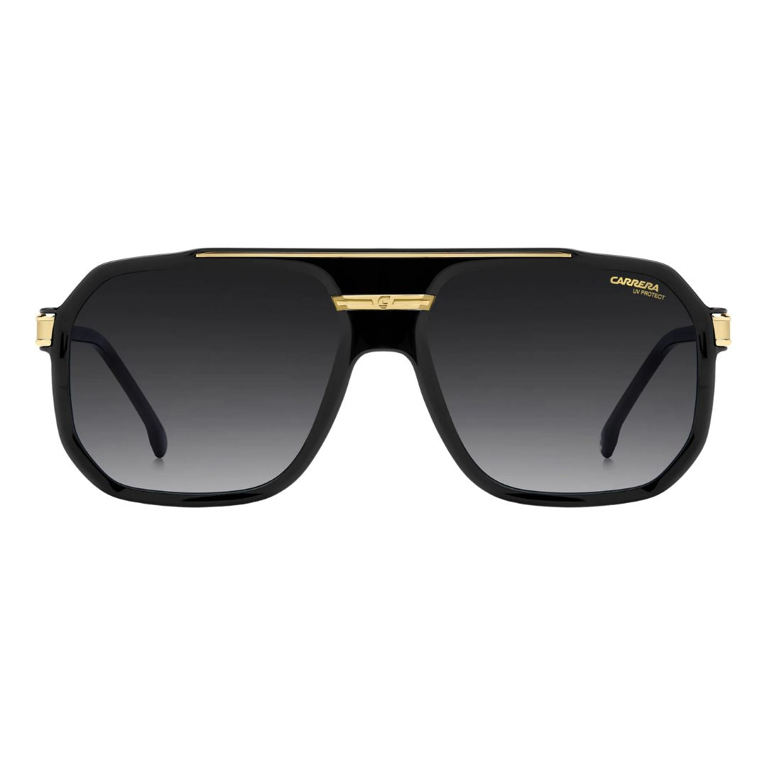 Carrera 1077/S men's rectangular Sunglasses with black gradient lenses and gold accents on a white background