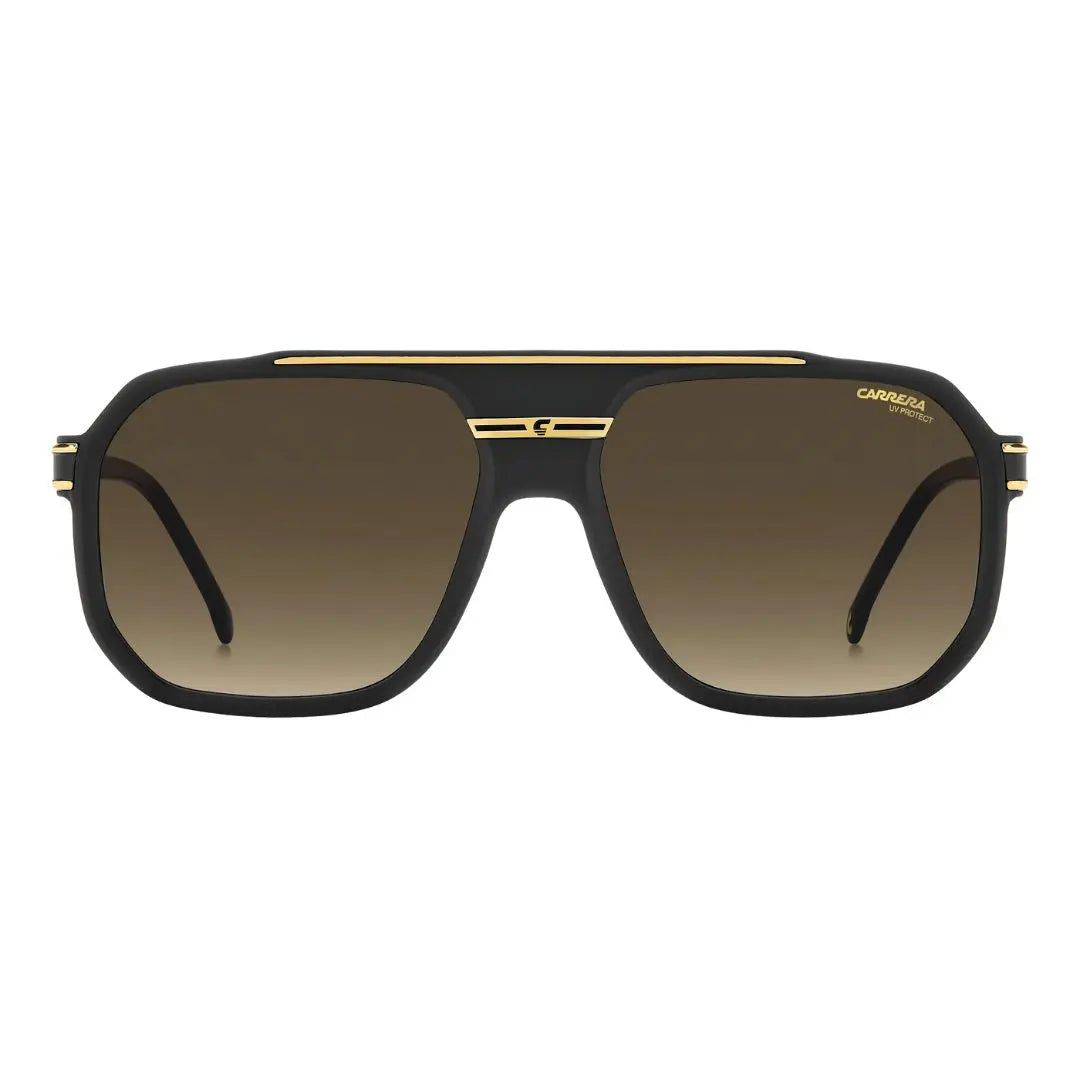 Carrera 1077/S men's rectangular Sunglasses with black frame and gold accents on a white background