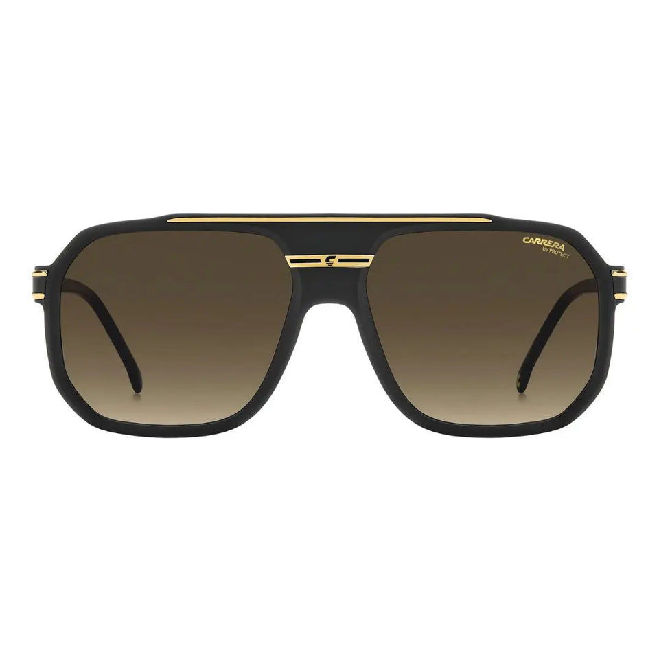 Carrera 1077/S men's rectangular Sunglasses with black frame and gold accents on a white background