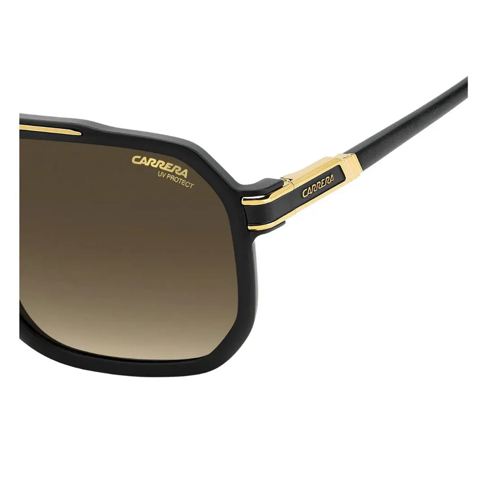 Carrera 1077/S men's rectangular sunglasses with black frame and gold accents on a white background
