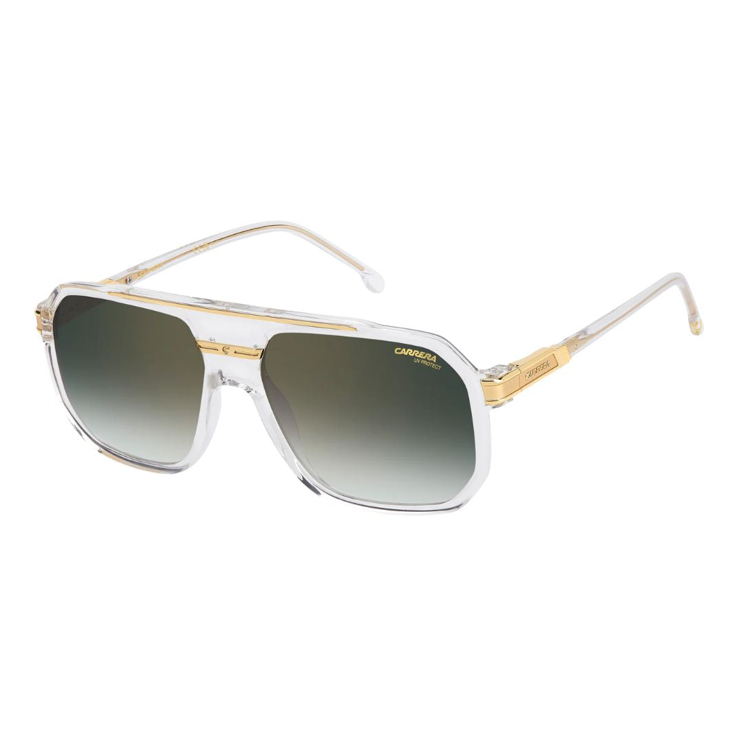 Carrera 1077/S men's rectangular sunglasses featuring a transparent crystal frame with gold accents. The lenses feature an iridescent green ombré gold mirror finish.