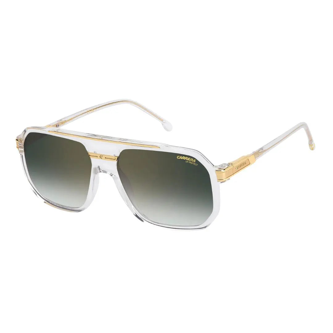 Carrera 1077/S men's rectangular sunglasses featuring a transparent crystal frame with gold accents. The lenses feature an iridescent green ombré gold mirror finish.