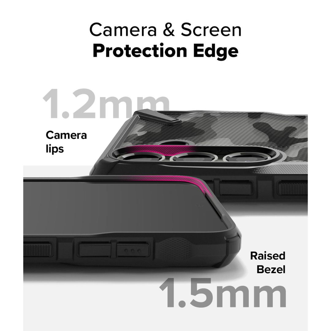 Fusion X Camo Black case highlighting camera protection raised edge