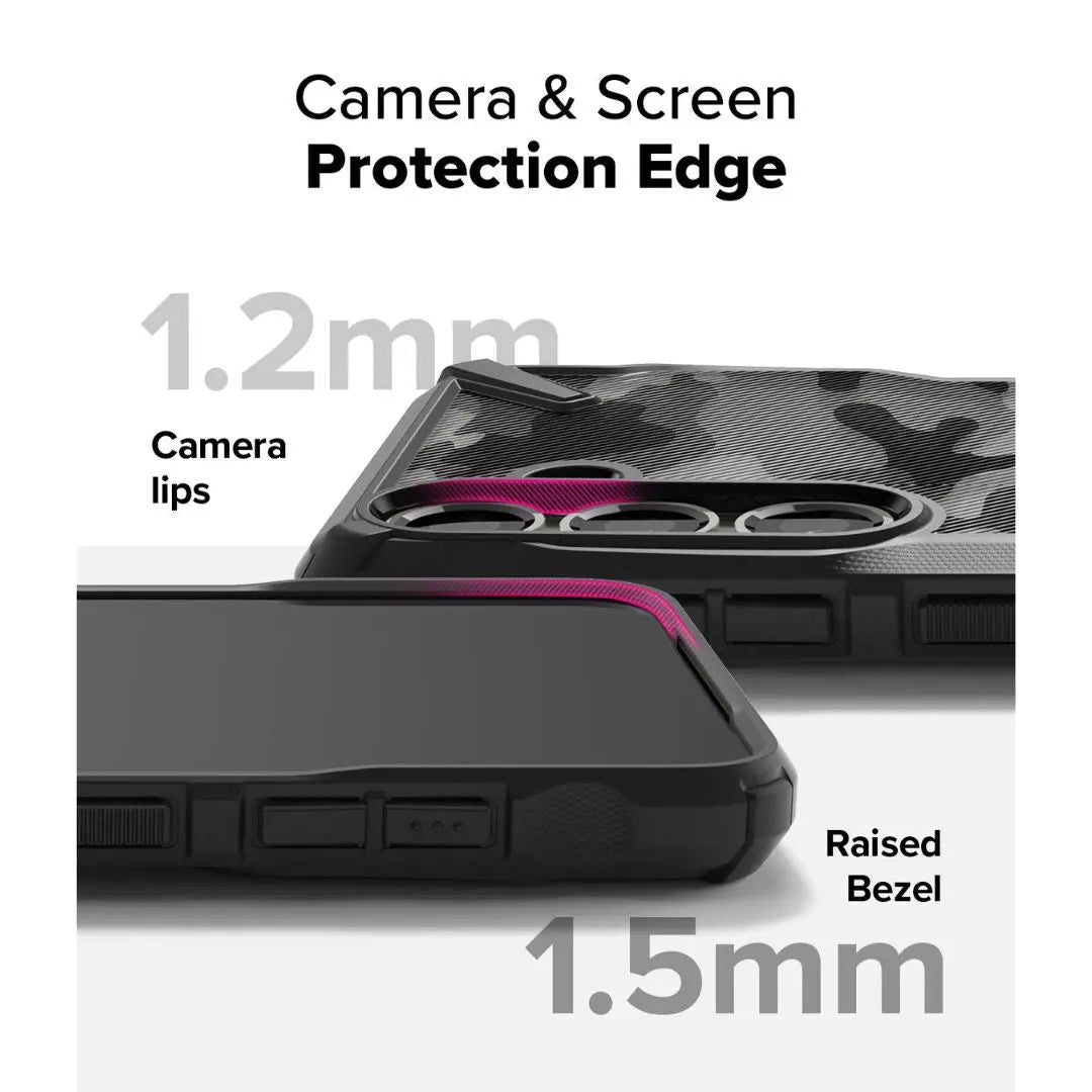 Fusion X Camo Black case highlighting camera protection raised edge