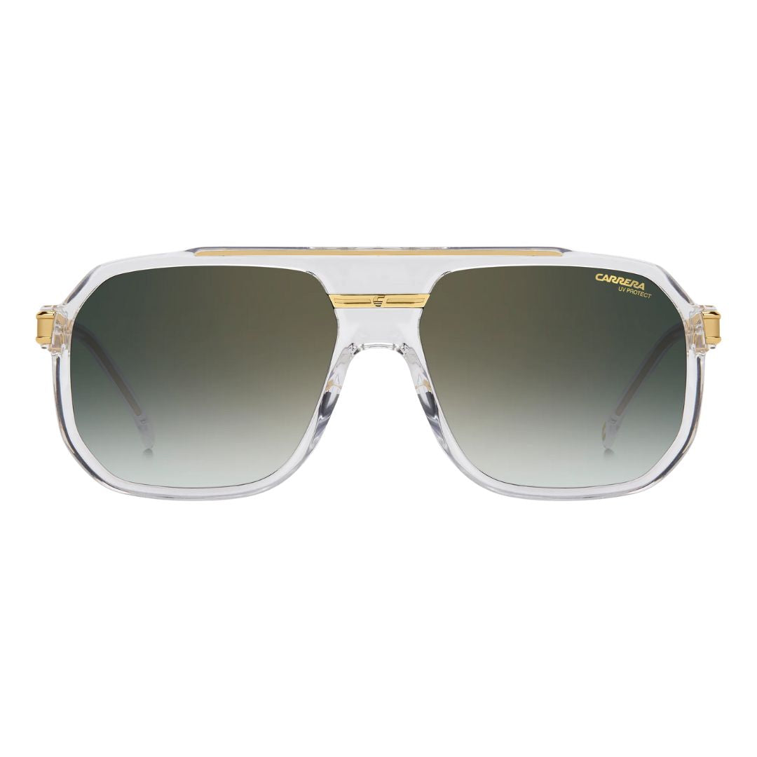 Carrera 1077/S men's rectangular sunglasses with gold frame and clear arms on a white background