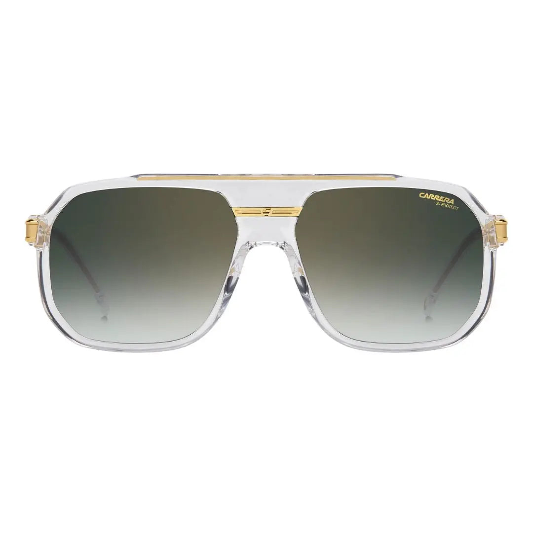 Carrera 1077/S men's rectangular sunglasses with gold frame and clear arms on a white background