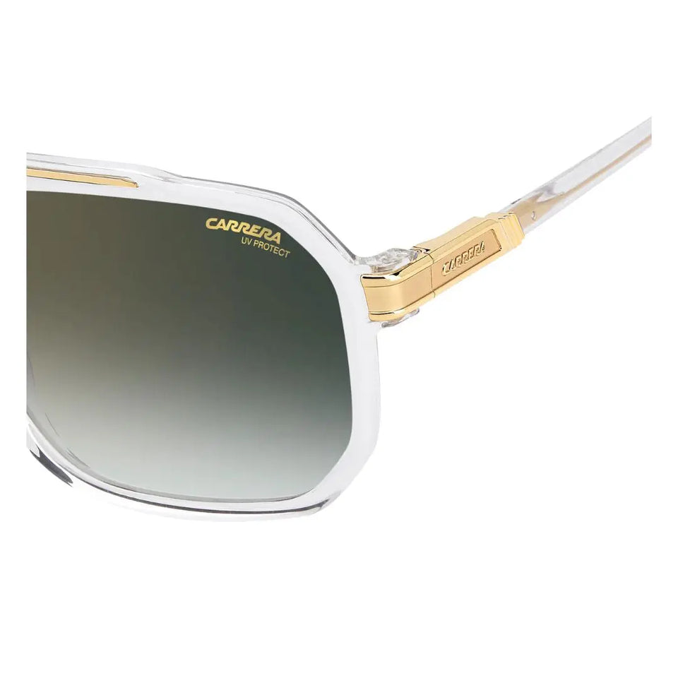 Carrera 1077/S men's rectangular sunglasses with gold frame and white arms on a white background