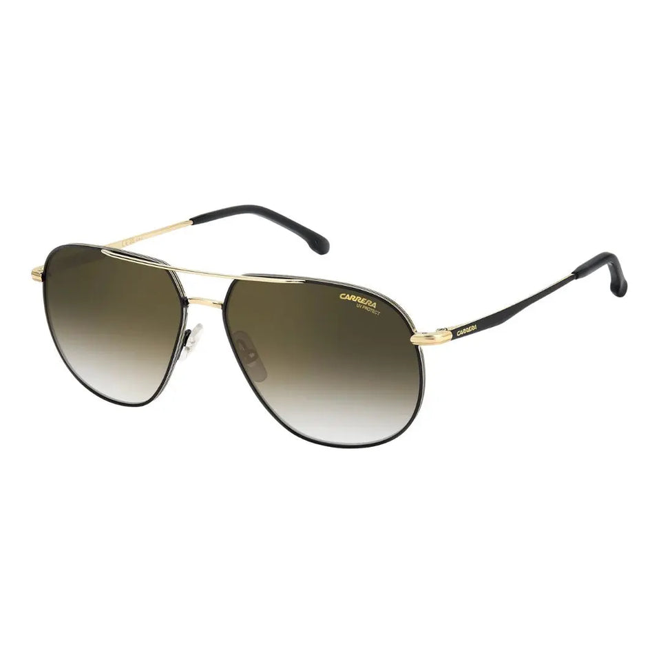 Carrera 363/S men's navigator sunglasses featuring a polished gold and black stainless steel frame. The green shaded lenses feature a gold mirror finish and anti-reflective coating.