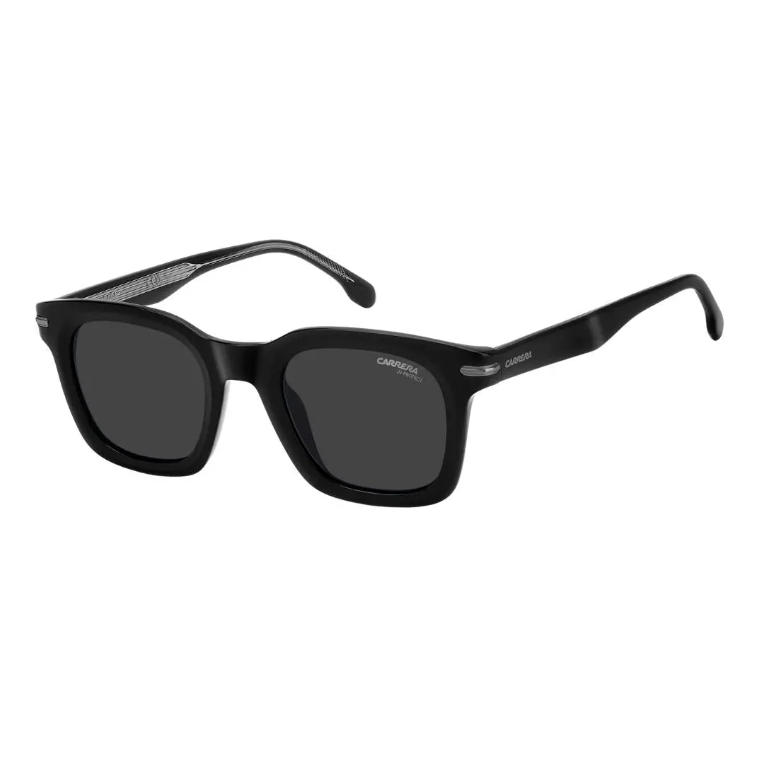 Carrera 365/S men's rectangular sunglasses in black and dark ruthenium. The premium acetate frame features solid grey lenses and signature Carrera branding on the temples.