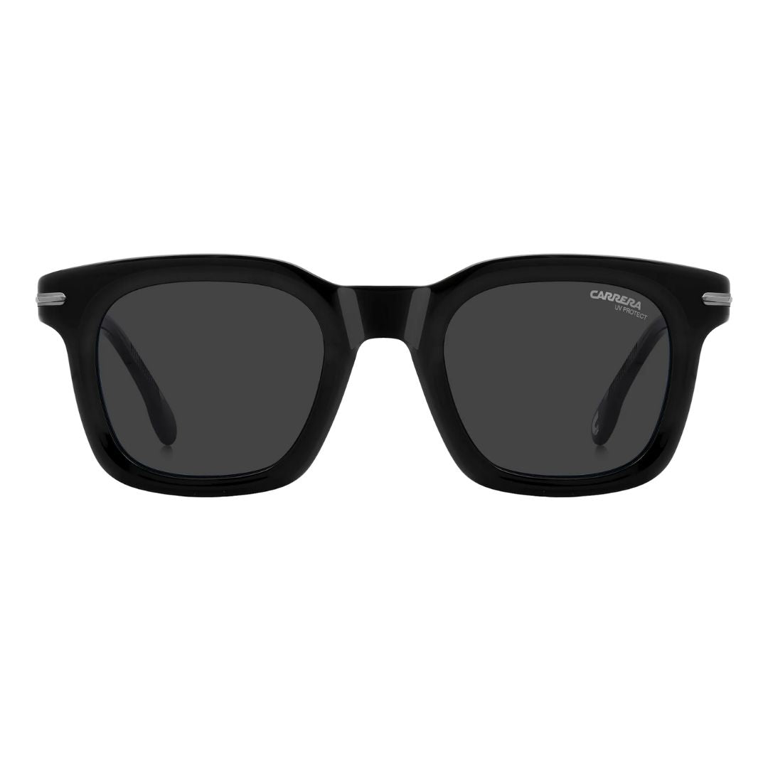 Carrera 365/S men's rectangular Black sunglasses with dark lenses on a white background