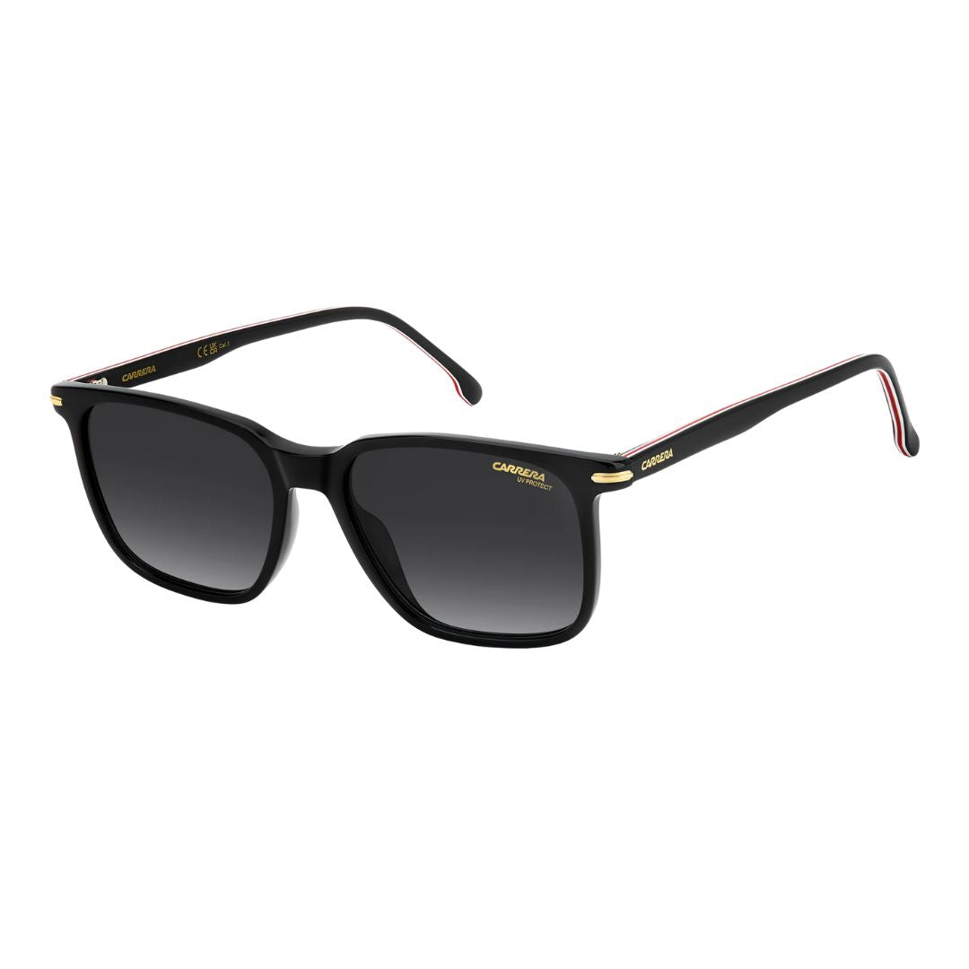 Carrera 367/S men's rectangular sunglasses featuring a bold black and red acetate frame. The dark grey shaded lenses are complemented by the iconic Carrera logo on the temples.