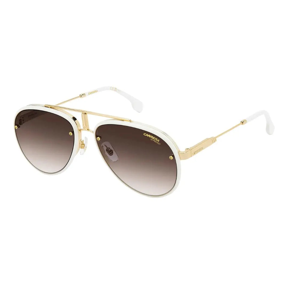 Carrera Glory unisex aviator sunglasses featuring a gold metal frame with ivory accents and a flat brow bar. The burgundy mirrored lenses are finished with iconic Carrera detailing on the temples.