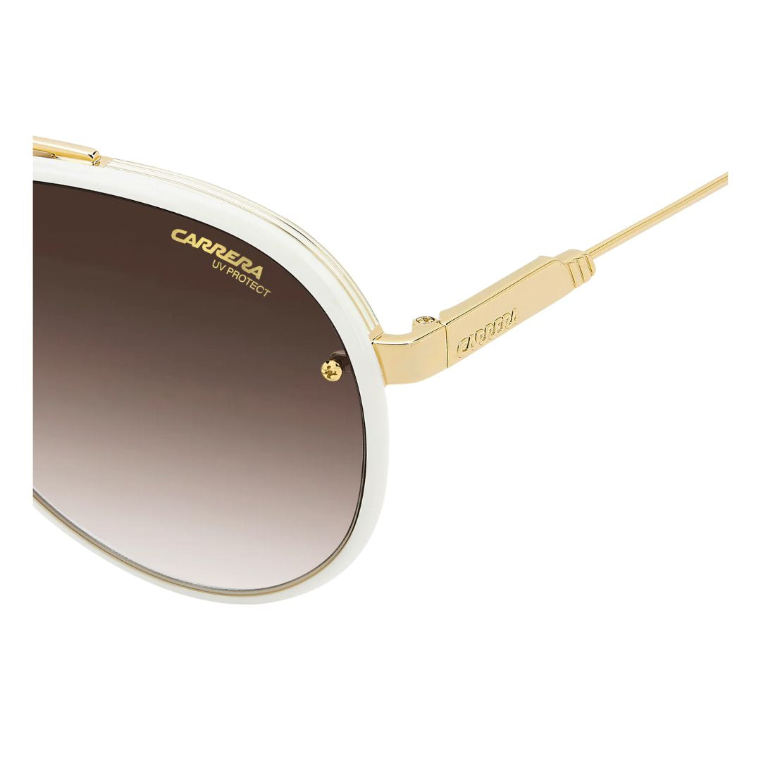 Side look Carrera Glory unisex aviator Sunglasses with gold frame and white arm on a white background