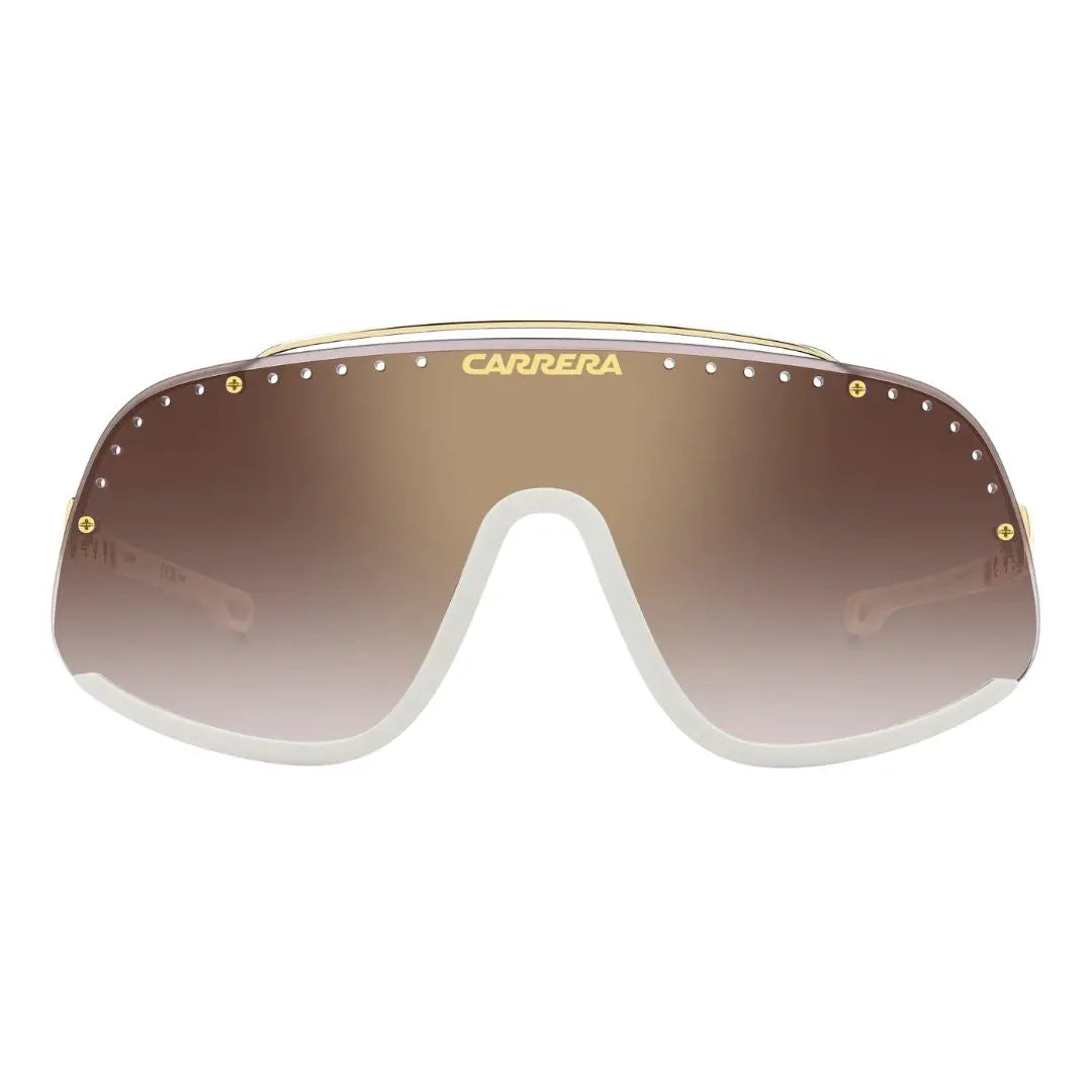 Carrera Flaglab 16 unisex mask Sunglasses with brown gradient lenses and gold frame on a white background