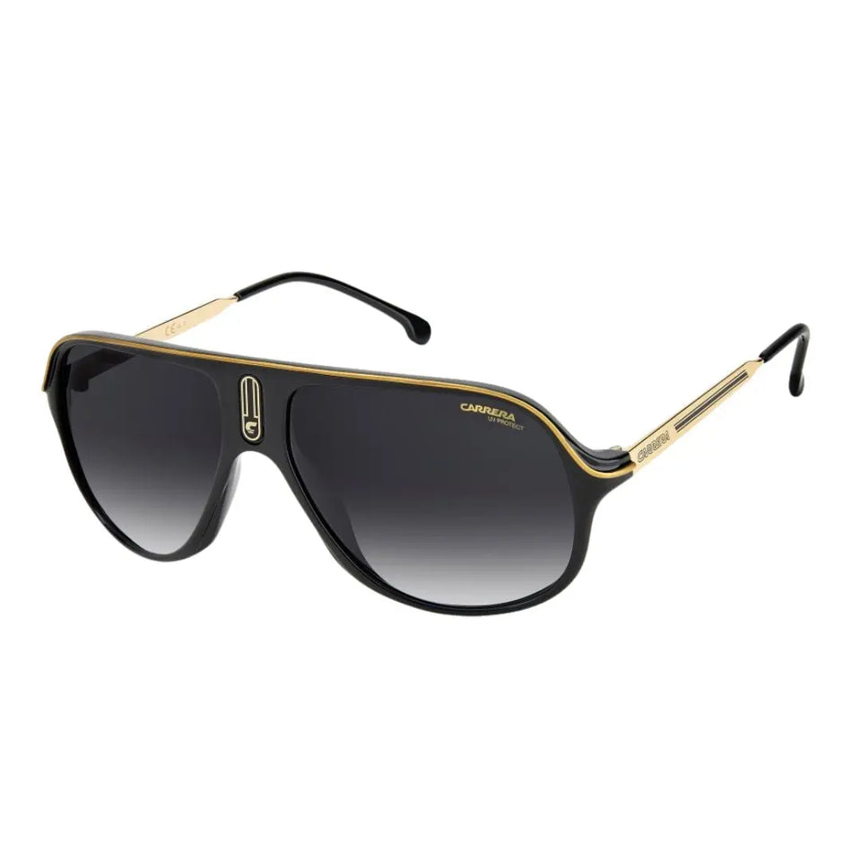 Carrera Safari65/N unisex aviator sunglasses featuring a bold black plastic frame. The dark grey shaded lenses are detailed with the iconic Carrera 'C' branding on the bridge.