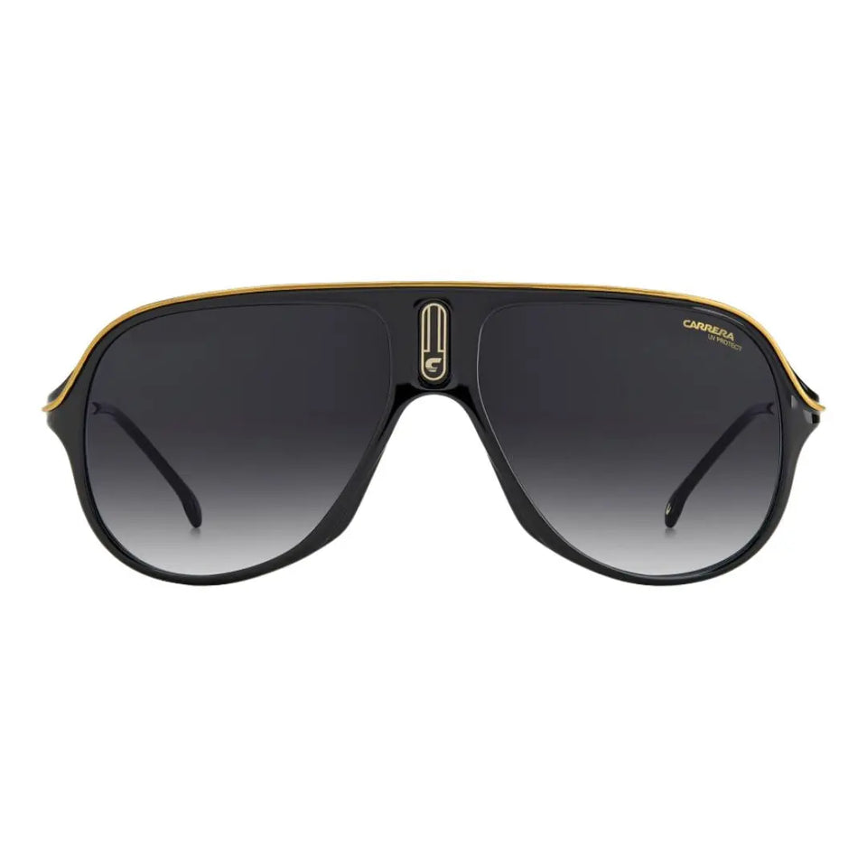 Carrera Safari65/N unisex aviator Sunglasses with gold frame and black lenses on a white background