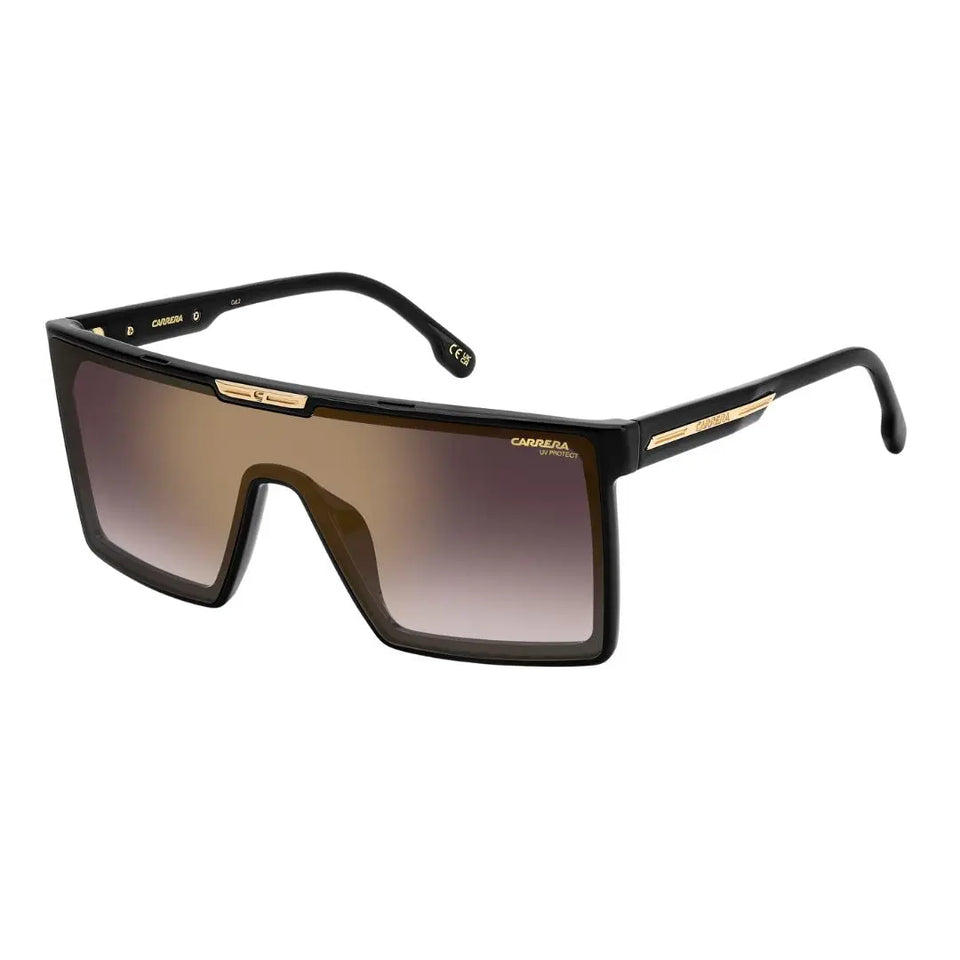 Carrera Victory C 07/S men's shield sunglasses featuring a sleek black eco-polyamide frame. The oversized burgundy shaded lens features a gold mirror finish and the iconic Carrera logo.