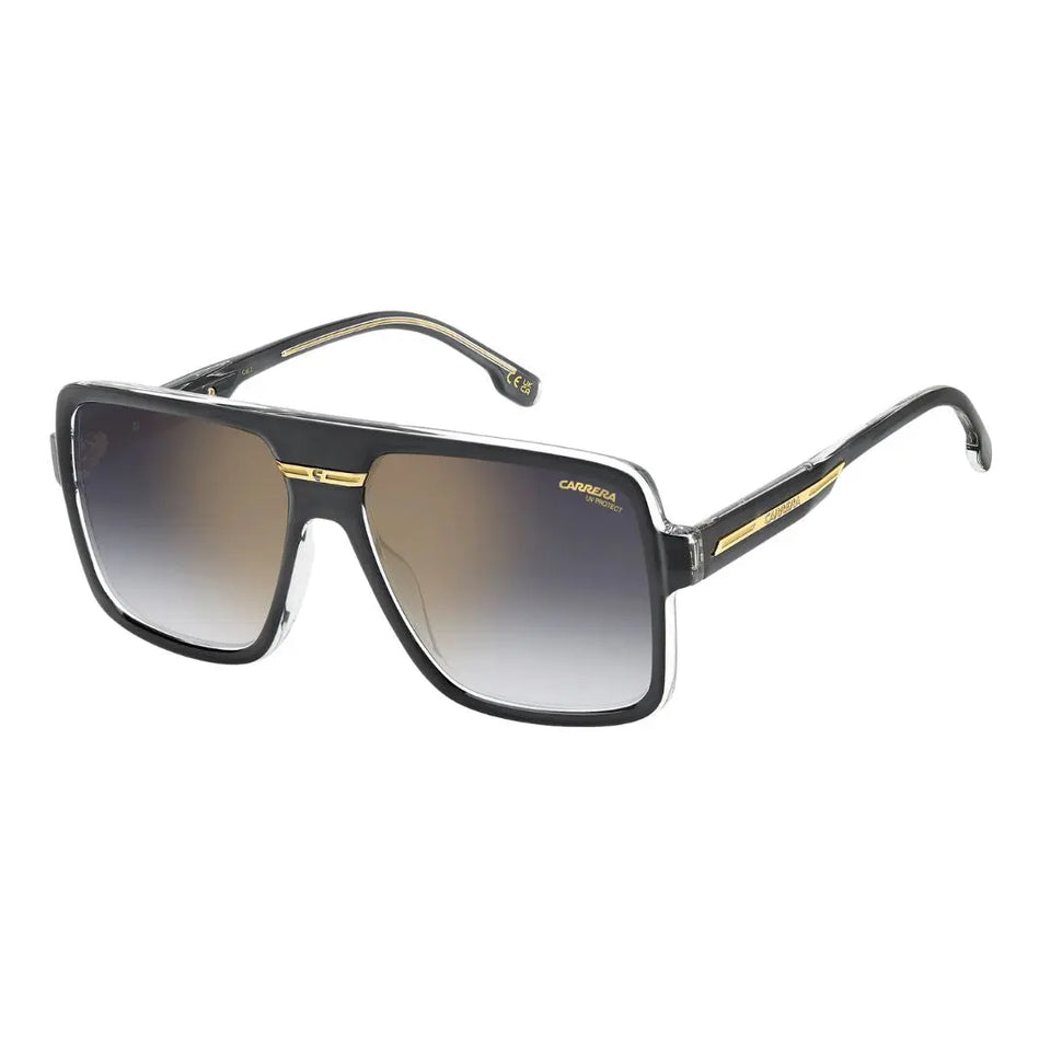 Carrera Victory C 09/S men's rectangular sunglasses featuring a transparent grey eco-polyamide frame and grey shaded lenses with a gold mirror finish.
