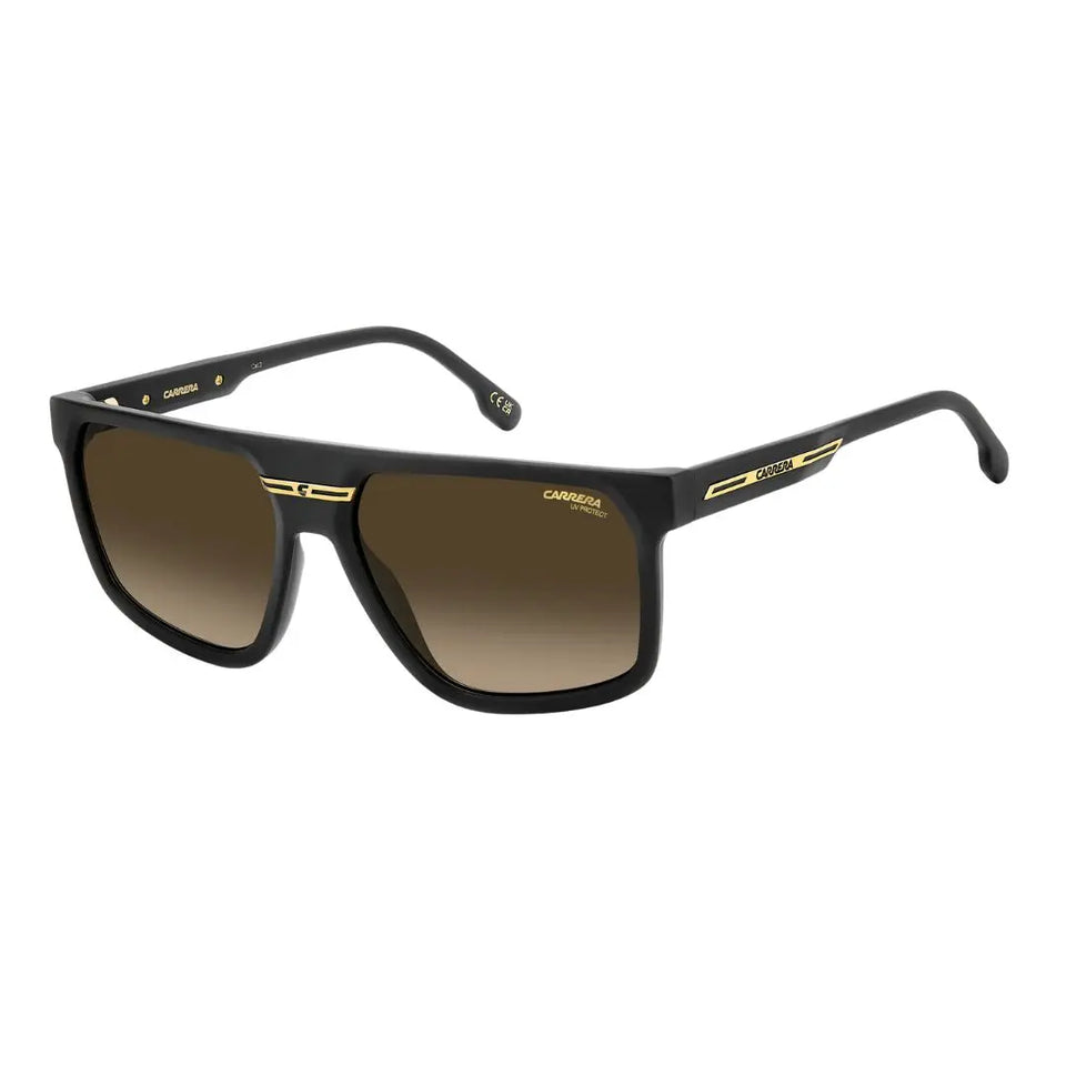 Carrera Victory C 14/S men's sunglasses in matte black featuring an eco-polyamide frame and dark brown-green lenses with a specialized anti-reflective coating.