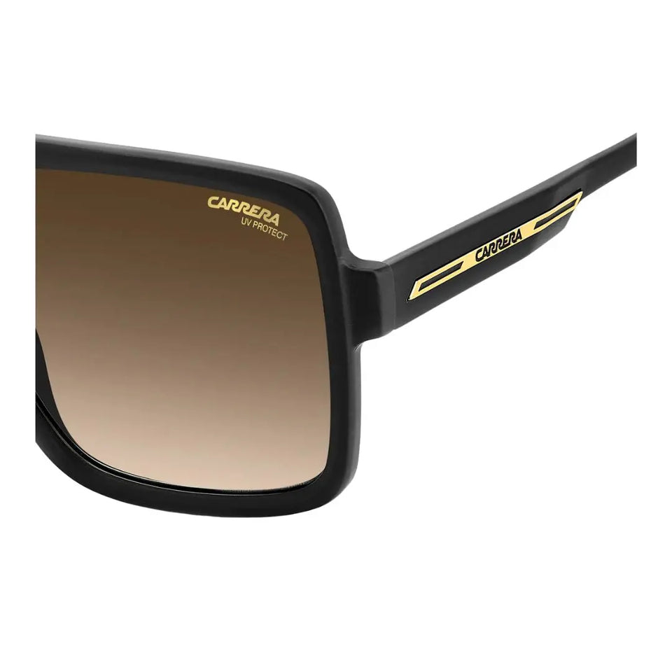 Side look Carrera Victory C 09/S men's rectangular Black sunglasses with gold accents on a white background