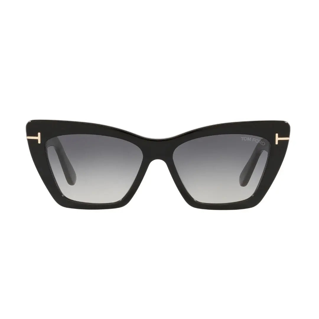 Tom Ford FT0871 Black cat-eye sunglasses with gold accents on a white background