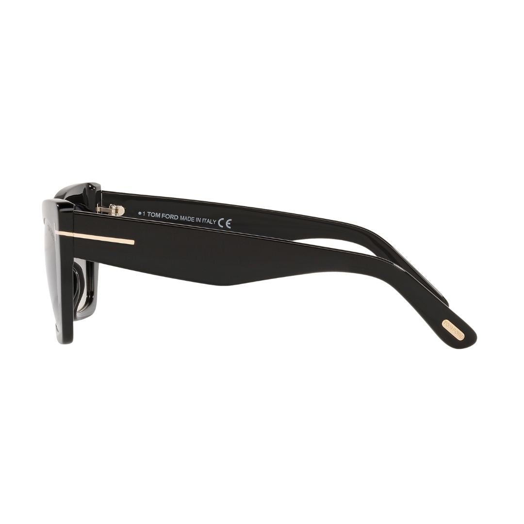Side look Tom Ford FT0871 Black sunglasses with gold accents on a white background