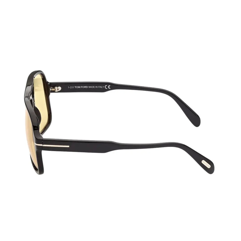 Side look Tom Ford FT0884 Falconer Black sunglasses with gold lenses on a white background