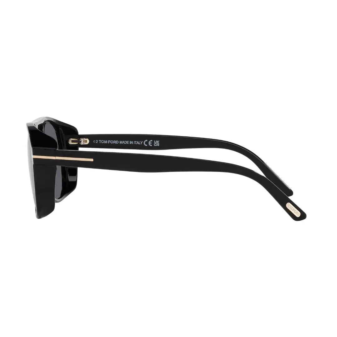 Side look Tom Ford FT1022 Rosco Black sunglasses with gold accents on a white background