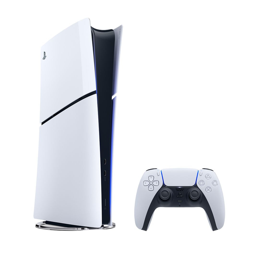White gaming console and controller on a white background