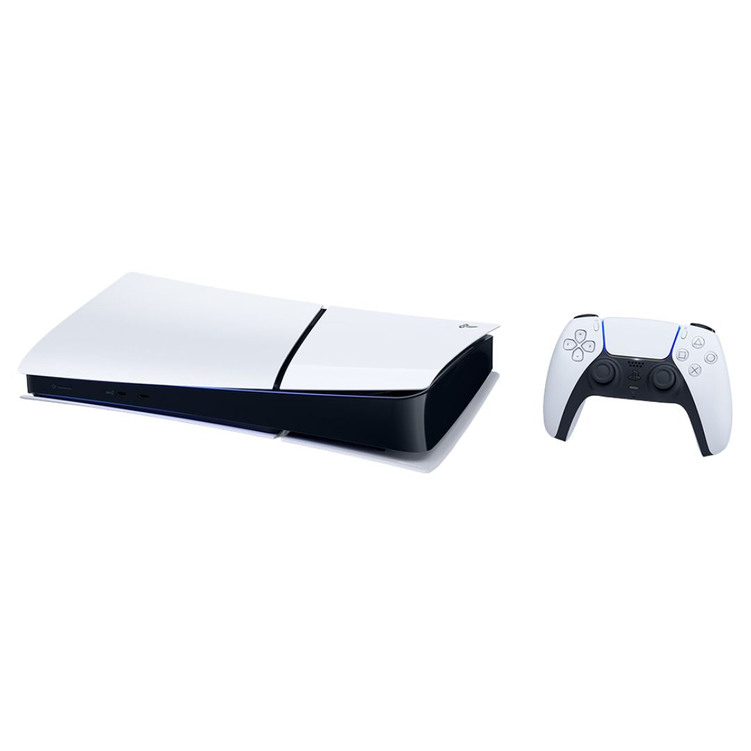 White gaming console and controller on a white background Sony PS5 Playstation 5 Digital Edition Console- 825GB