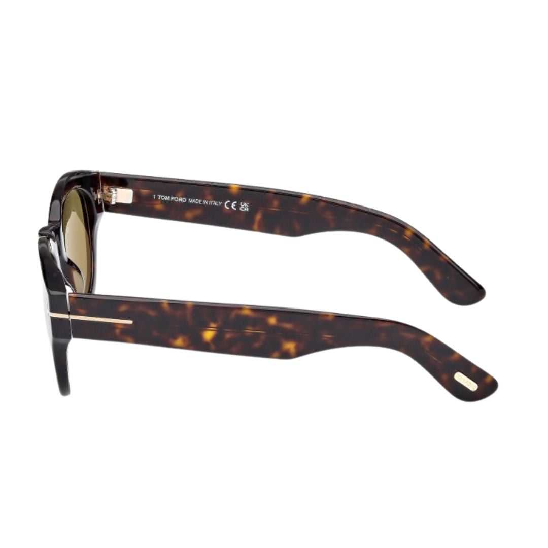 Side look Tom Ford FT1212 Lucinda unisex Sunglasses with tortoiseshell frame on a white background