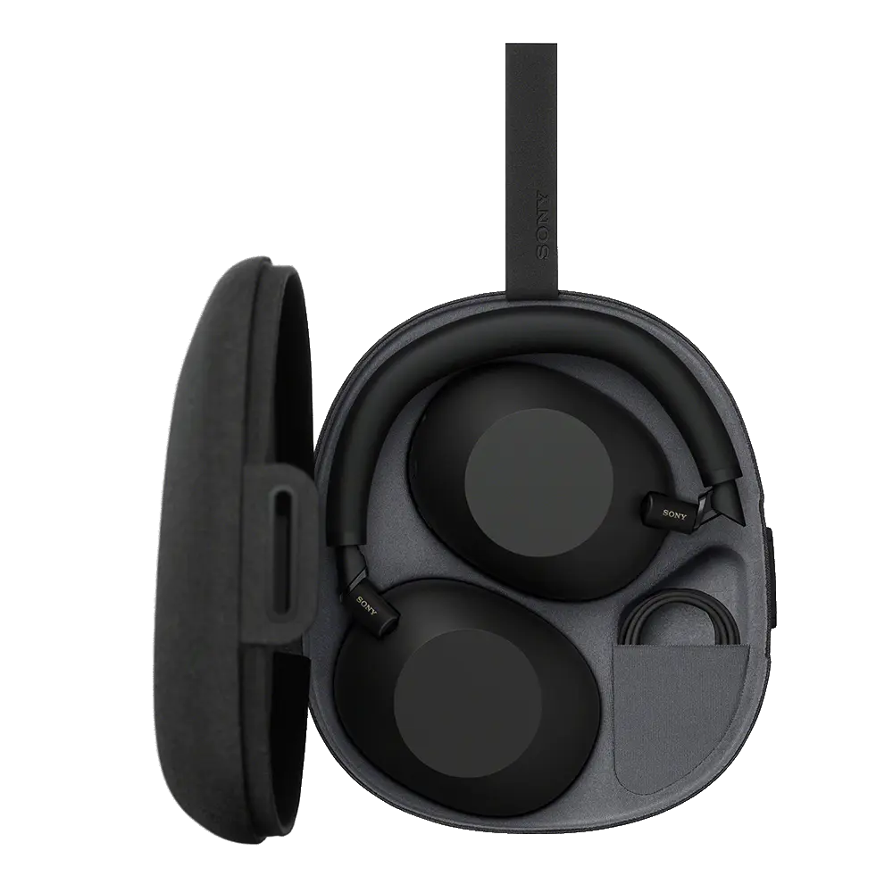 The Sony WH-1000XM6 headphones folded compactly into their smaller travel case, highlighting portability.