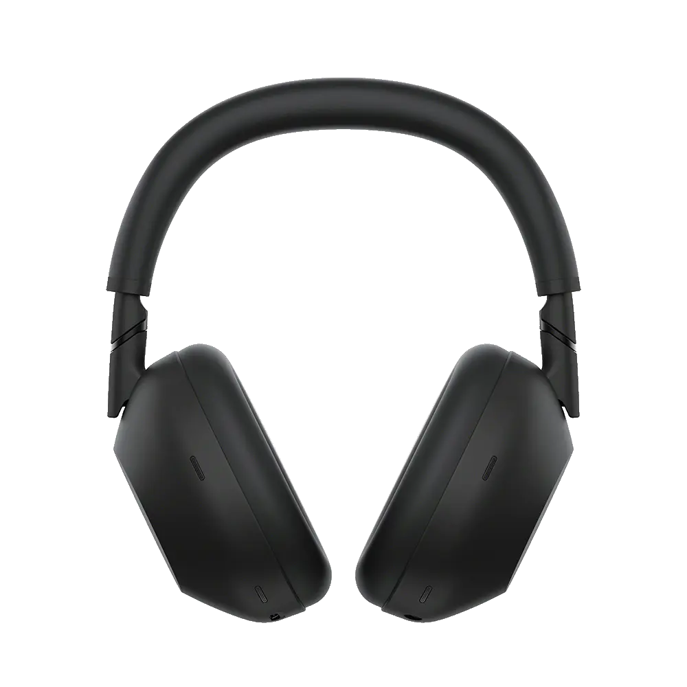 Close-up of the black earcup of the Sony WH-1000XM6, showing the touch surface and microphone placement.