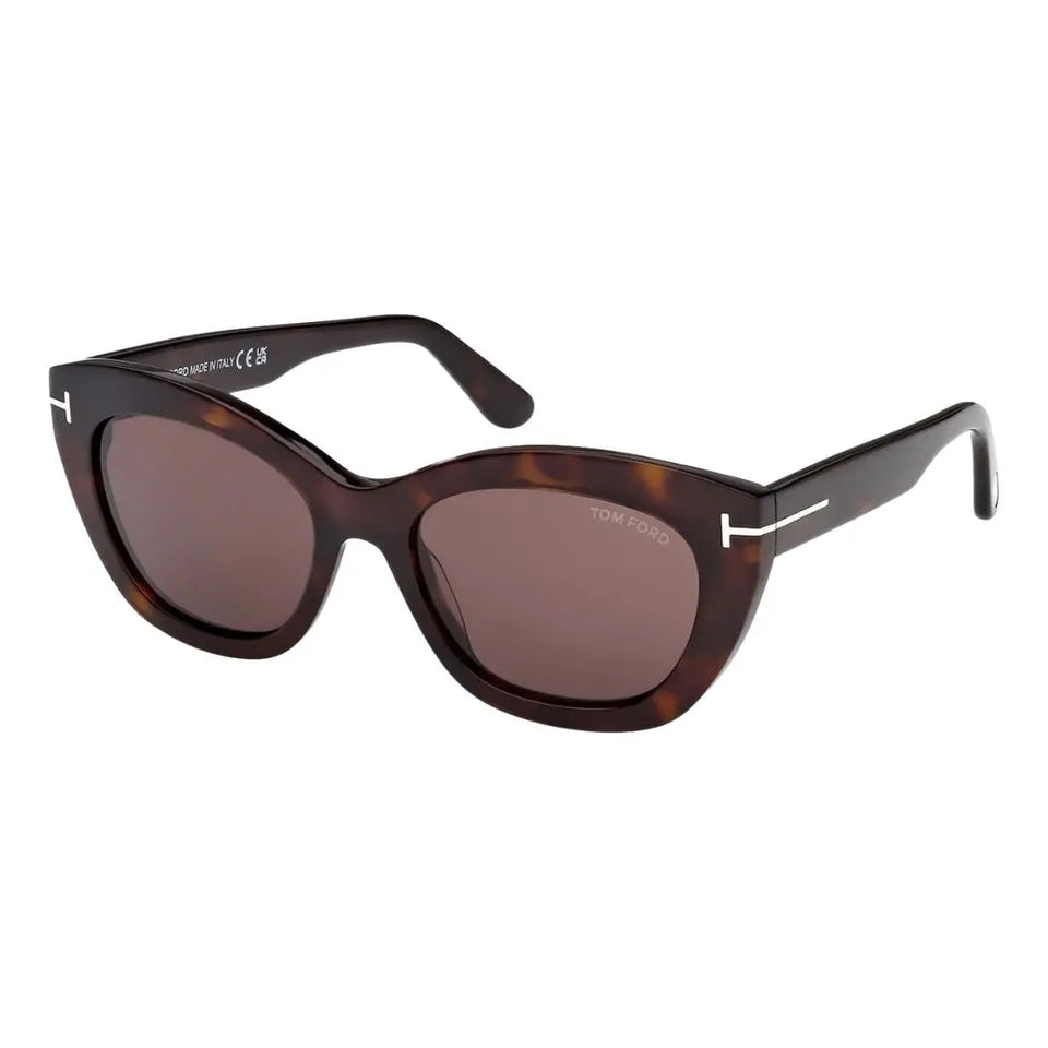 Tom Ford FT1285 women's sunglasses featuring a graceful Dark Havana tortoiseshell butterfly frame. The brown lenses are complemented by the signature gold 'T' branding on the temples.