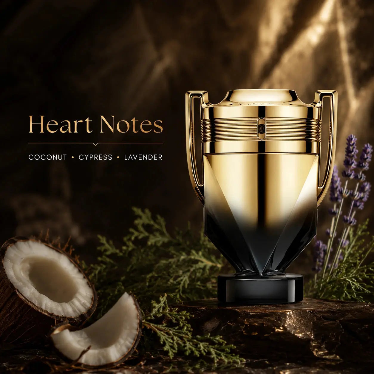 Rabanne Invictus Elixir Parfum 50ml presented with natural accents reflecting coconut, cypress and lavender heart notes.