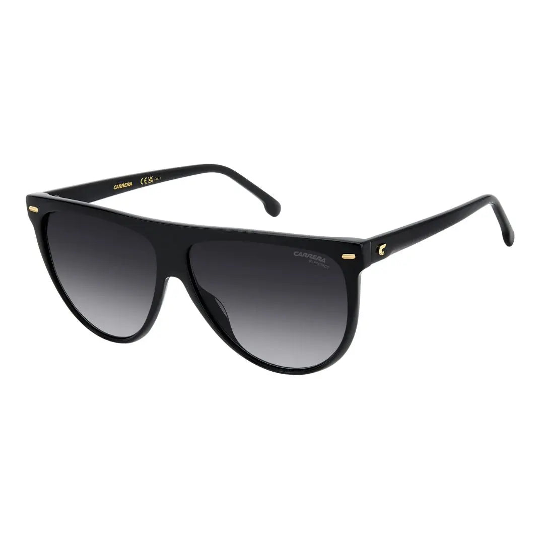 Carrera 3055/S women's sunglasses featuring a bold black acetate frame with a slight gradient grey lens. The temples showcase the iconic Carrera logo for a high-performance, stylish look.