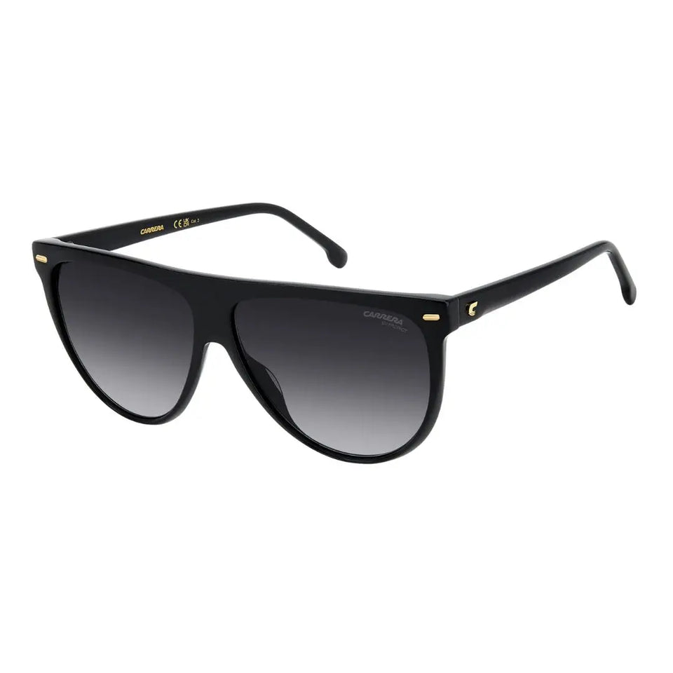 Carrera 3055/S women's sunglasses featuring a bold black acetate frame with a slight gradient grey lens. The temples showcase the iconic Carrera logo for a high-performance, stylish look.